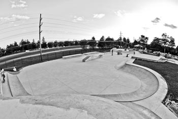 cement riley skate park in farmington michigan in black and white